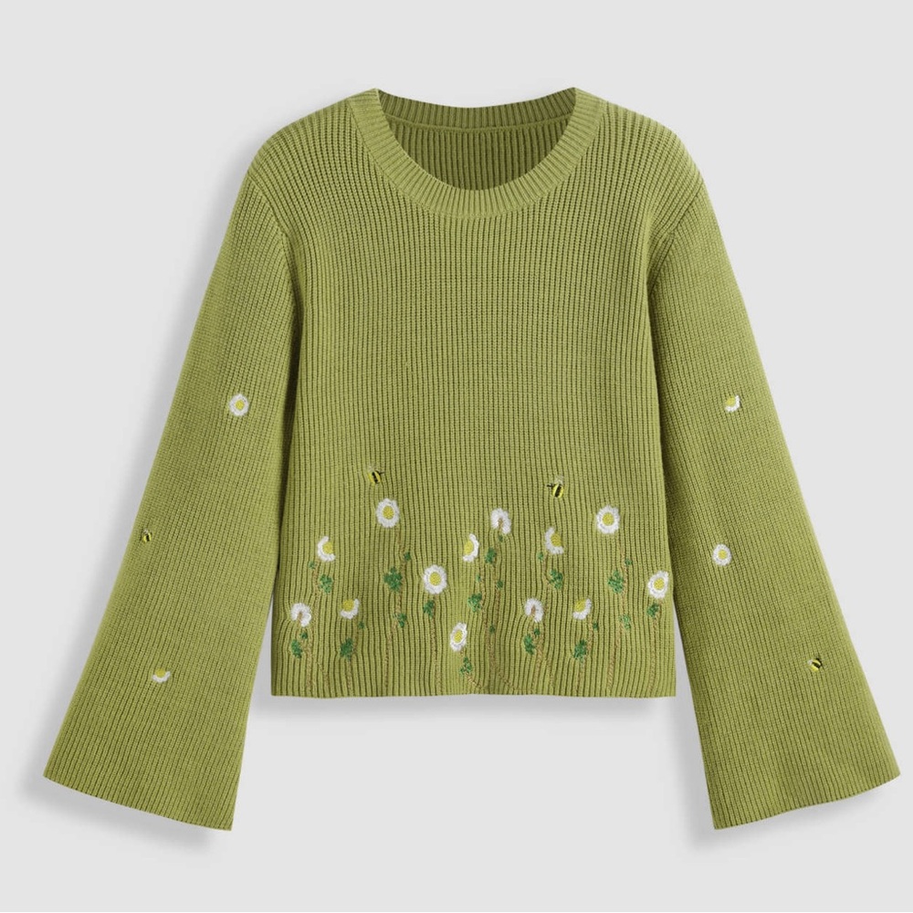 Cider Round Neck Floral Embroidery Knit Bell Sleeve Sweater